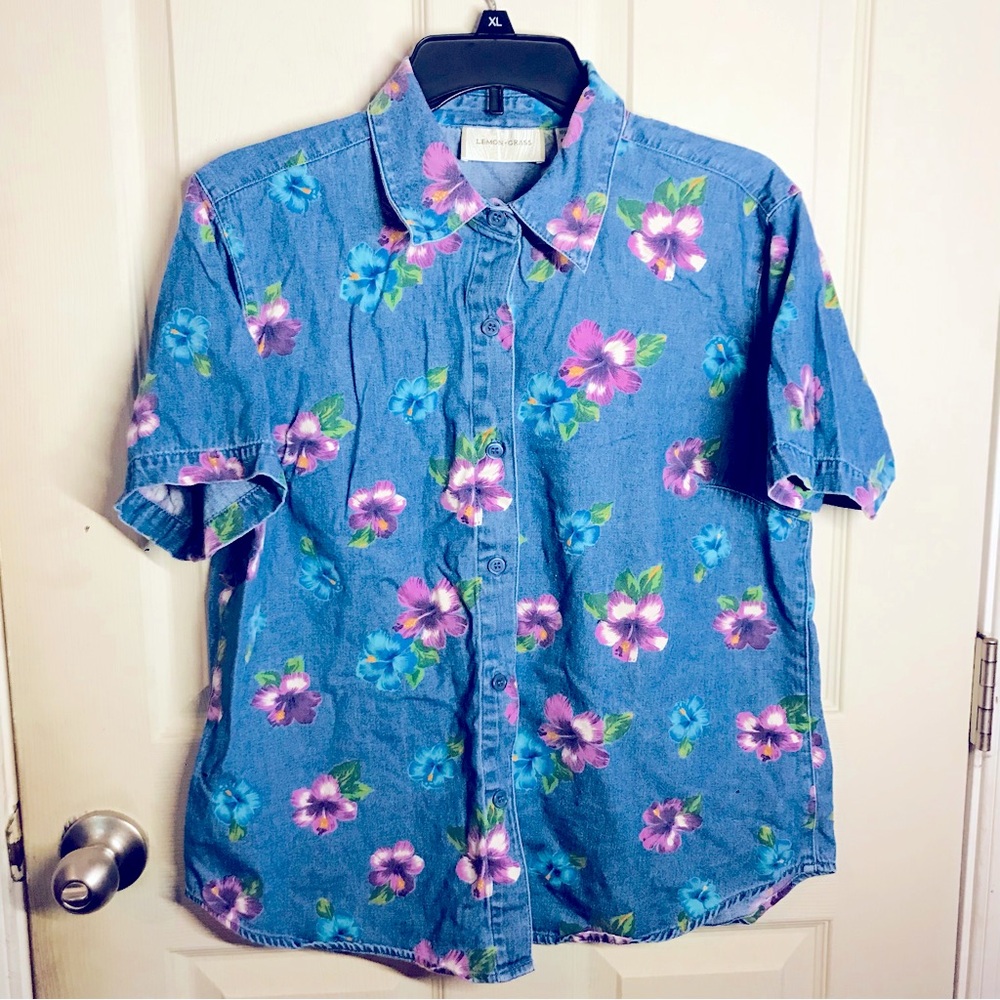 Vintage Lemon Grass Blue and Purple Floral Denim Button Up Shirt